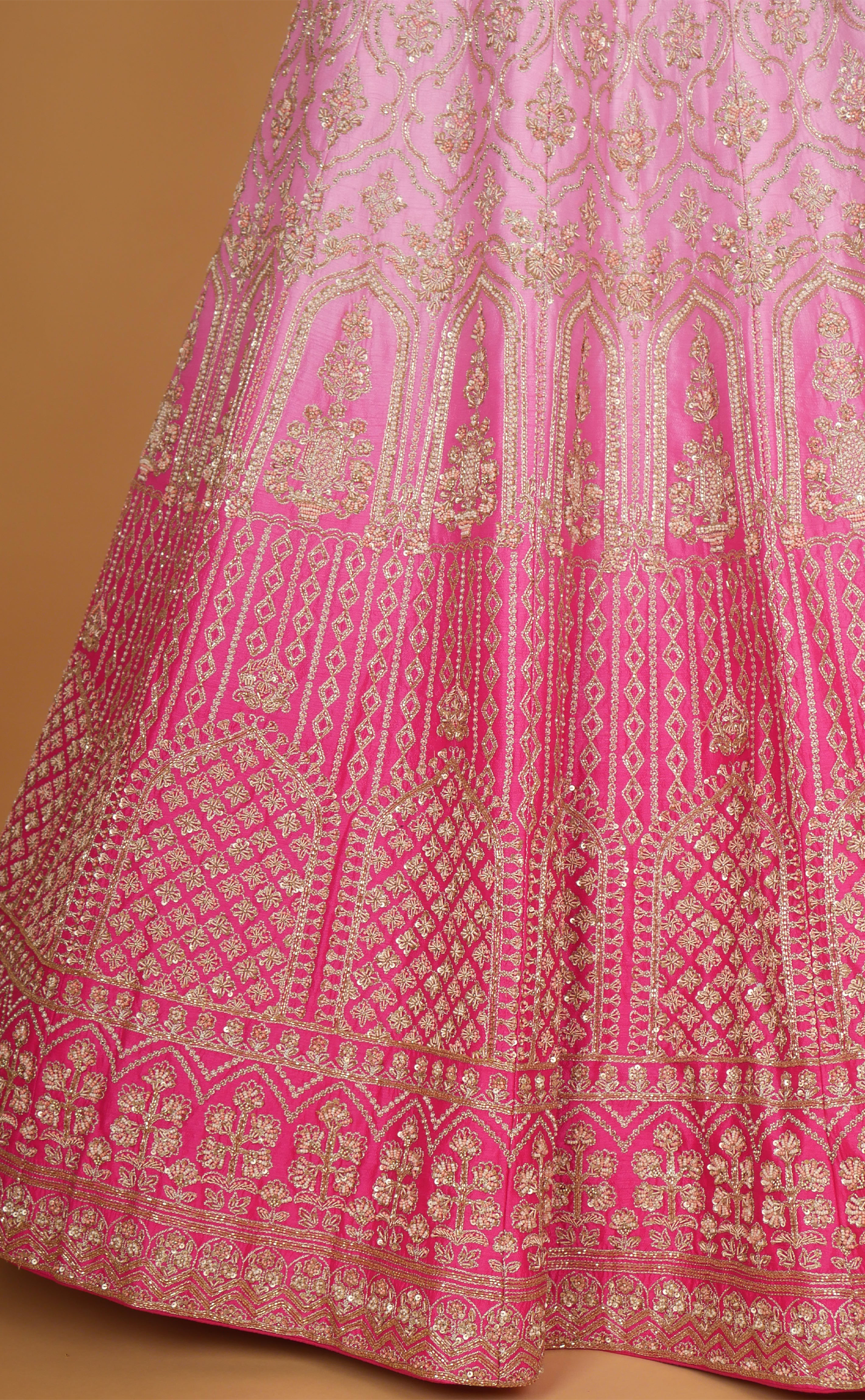 Pink Shaded Hand Zardosi Embroidery Bridal Lehenga In Vegan Raw Silk