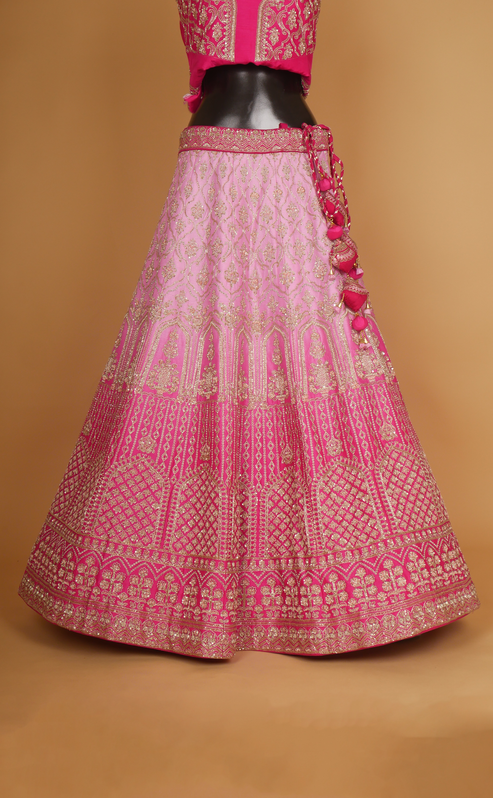 Pink Shaded Hand Zardosi Embroidery Bridal Lehenga In Vegan Raw Silk