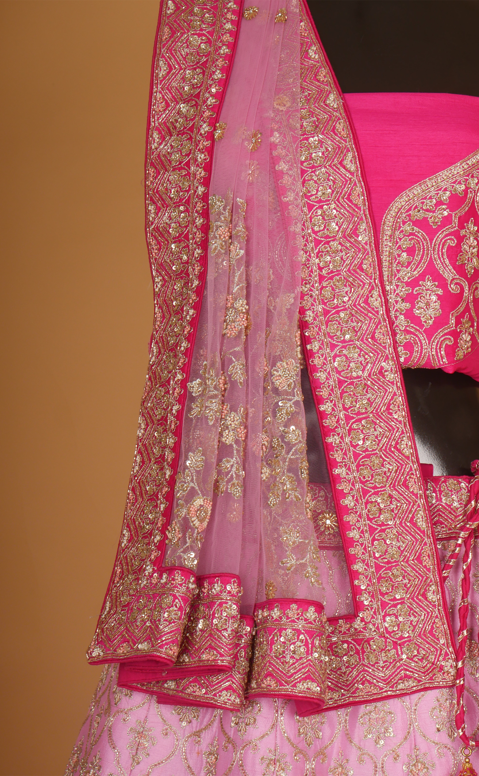 Pink Shaded Hand Zardosi Embroidery Bridal Lehenga In Vegan Raw Silk