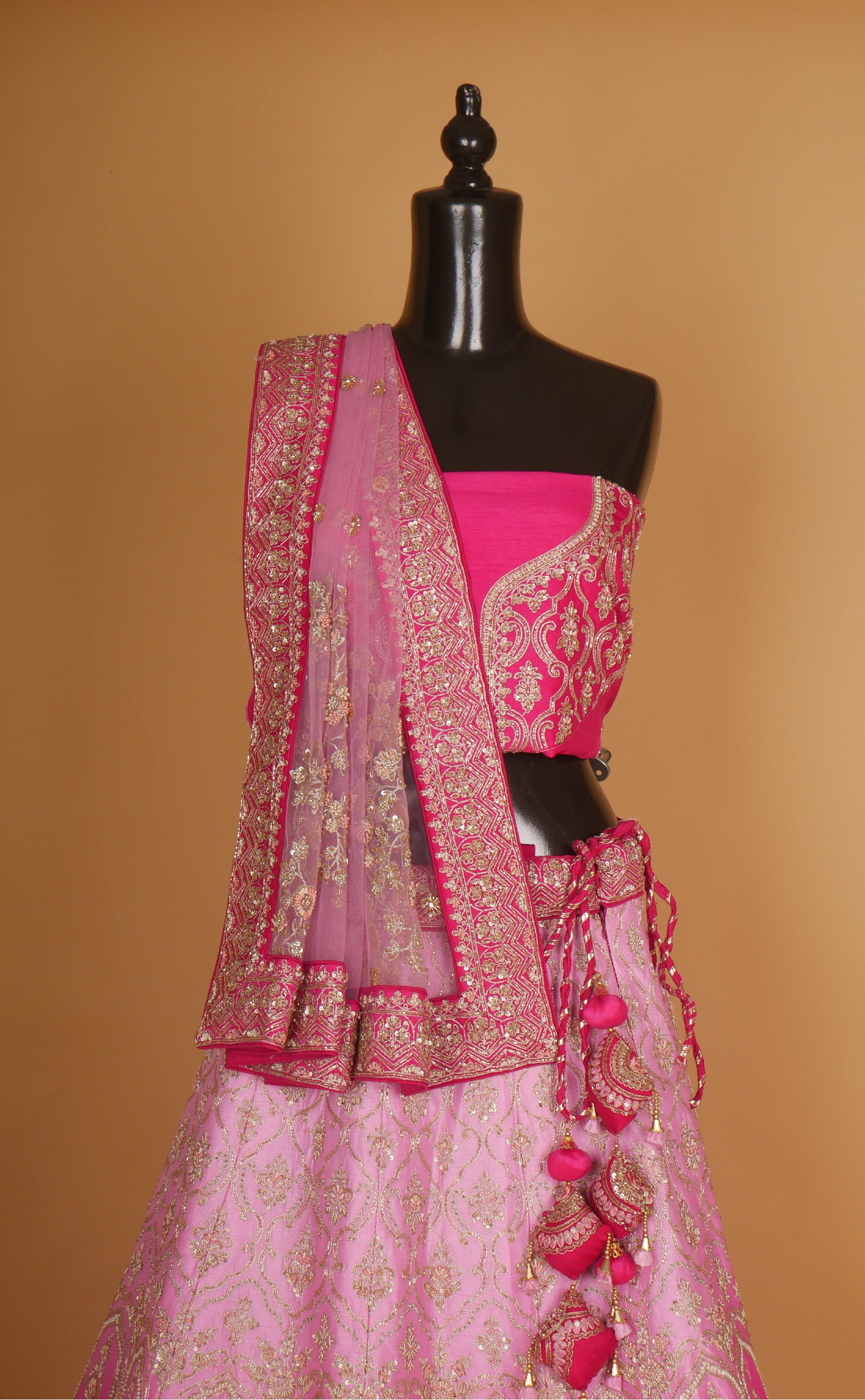 Pink Shaded Hand Zardosi Embroidery Bridal Lehenga In Vegan Raw Silk