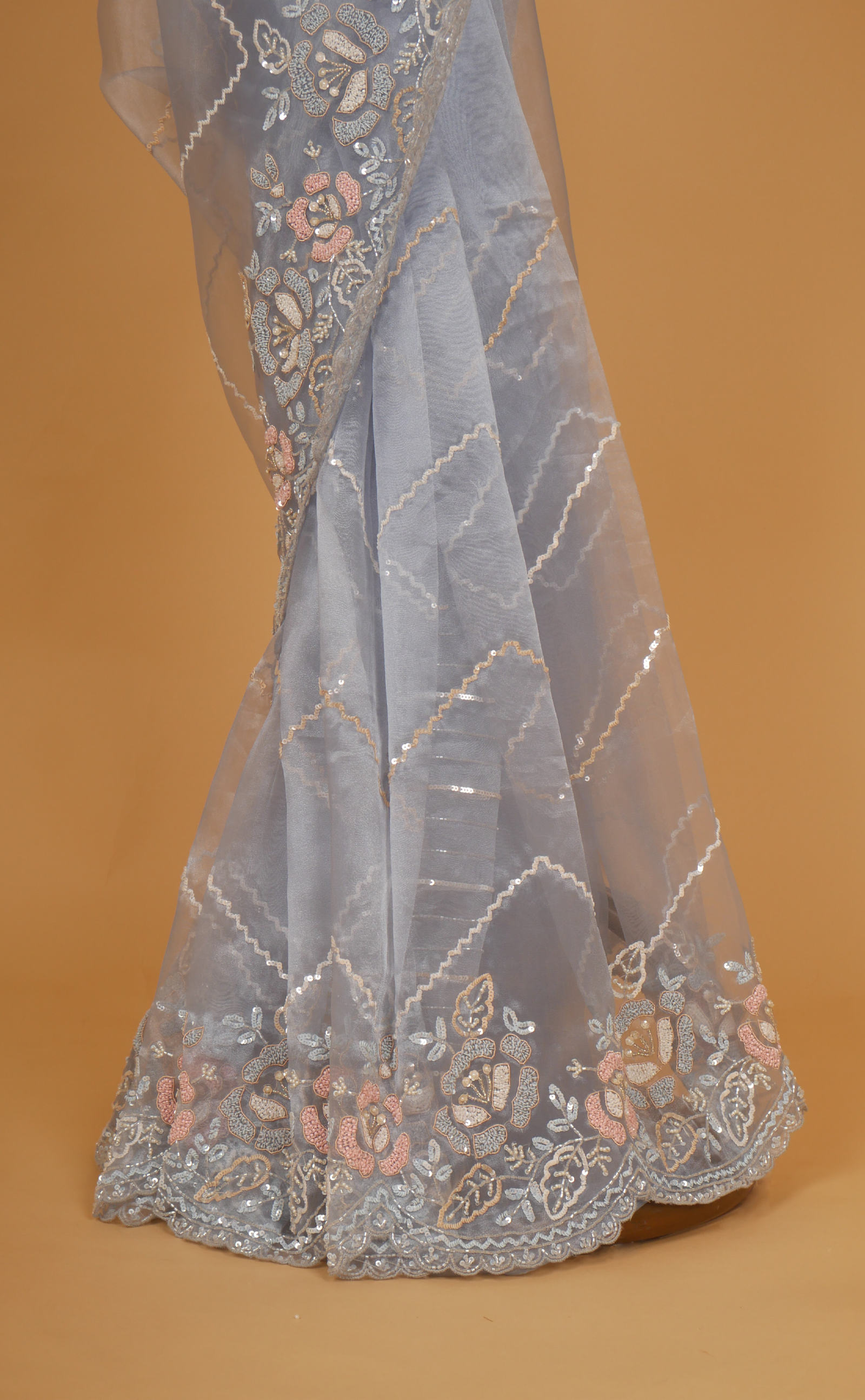 Ice Blue Hand Embroidery Saree In Vegan Glass Soft Organza