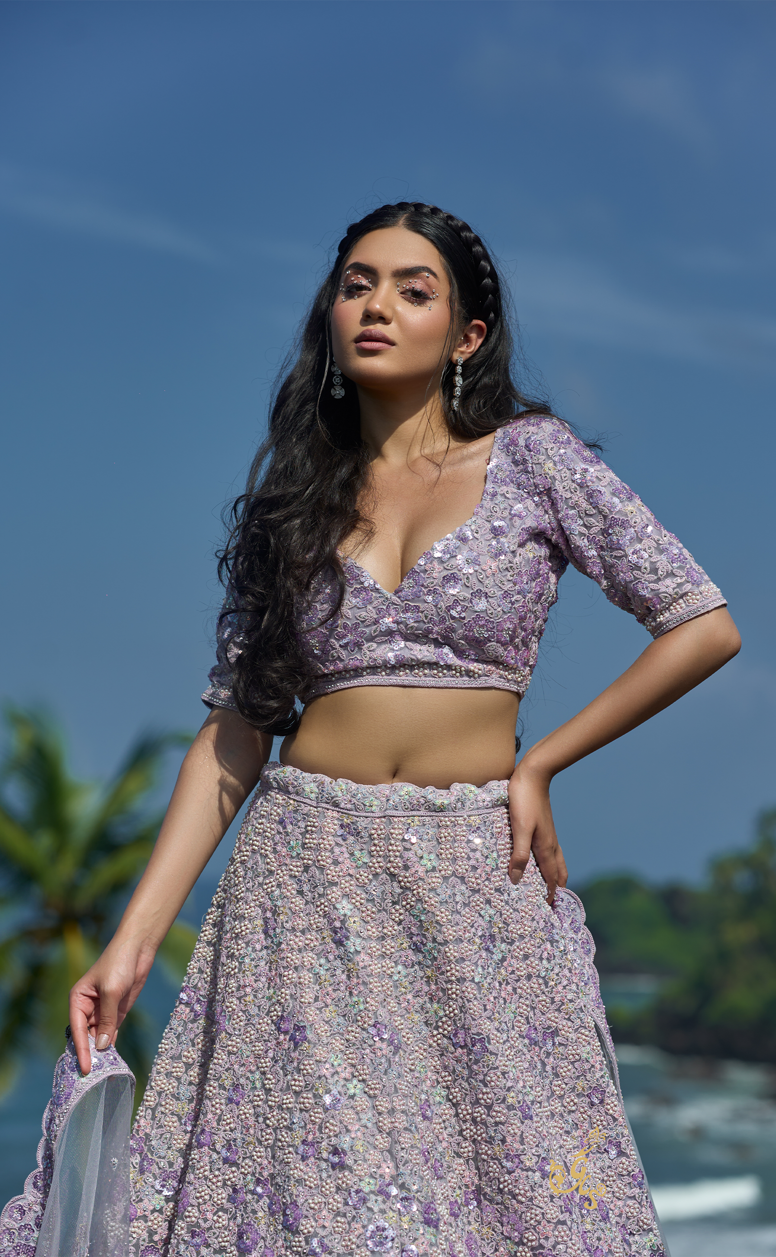 Lavender Embroidery Bridal Lehenga In Vegan Net