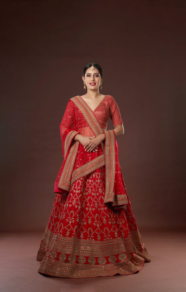 Red Bridal Hand Crafted Lehenga In Vegan Raw Silk