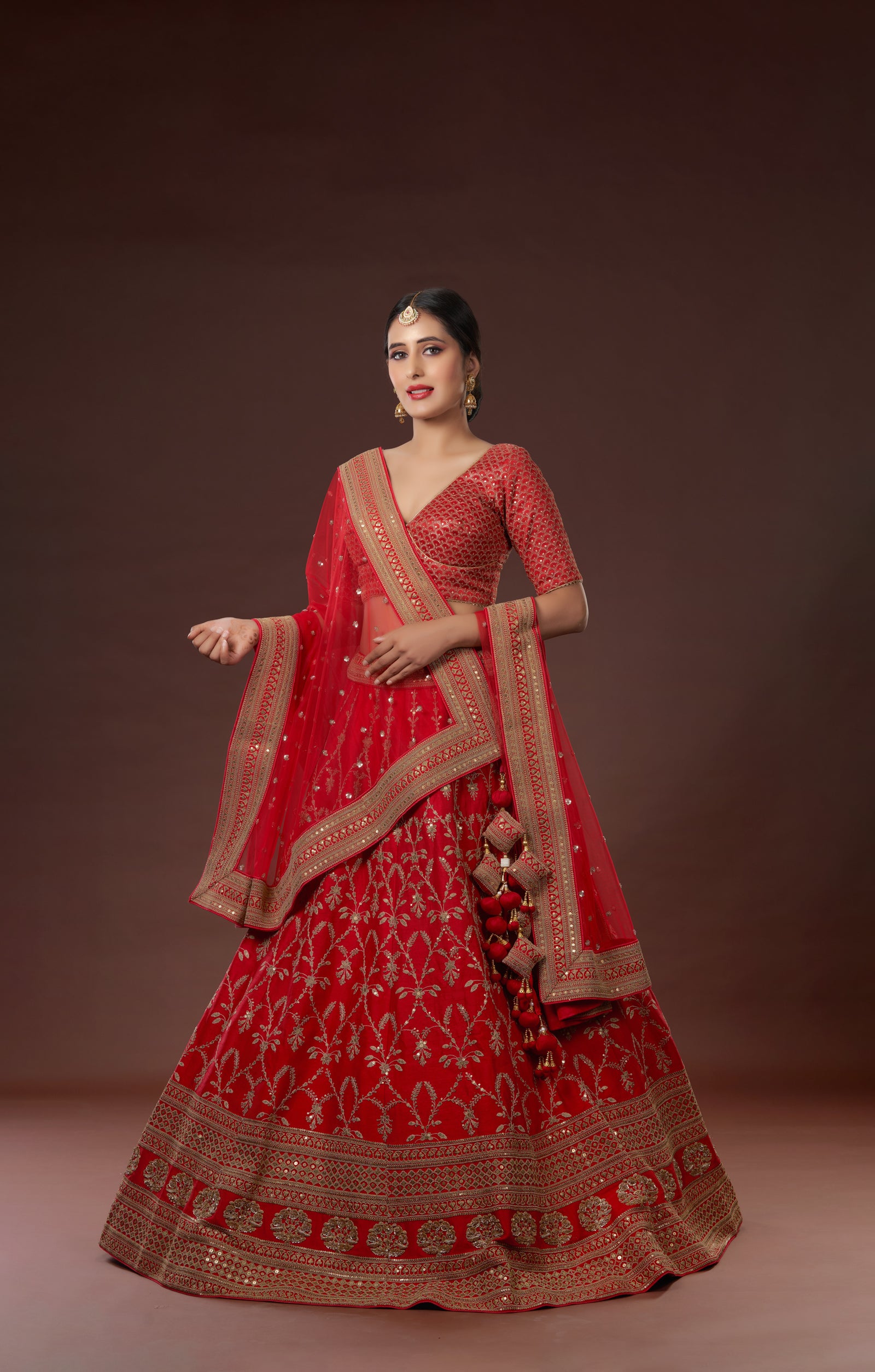 Red Bridal Hand Crafted Lehenga In Vegan Raw Silk