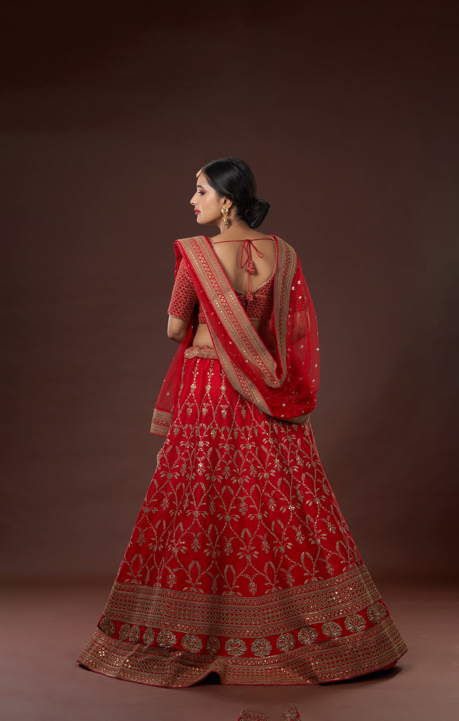 Red Bridal Hand Crafted Lehenga In Vegan Raw Silk