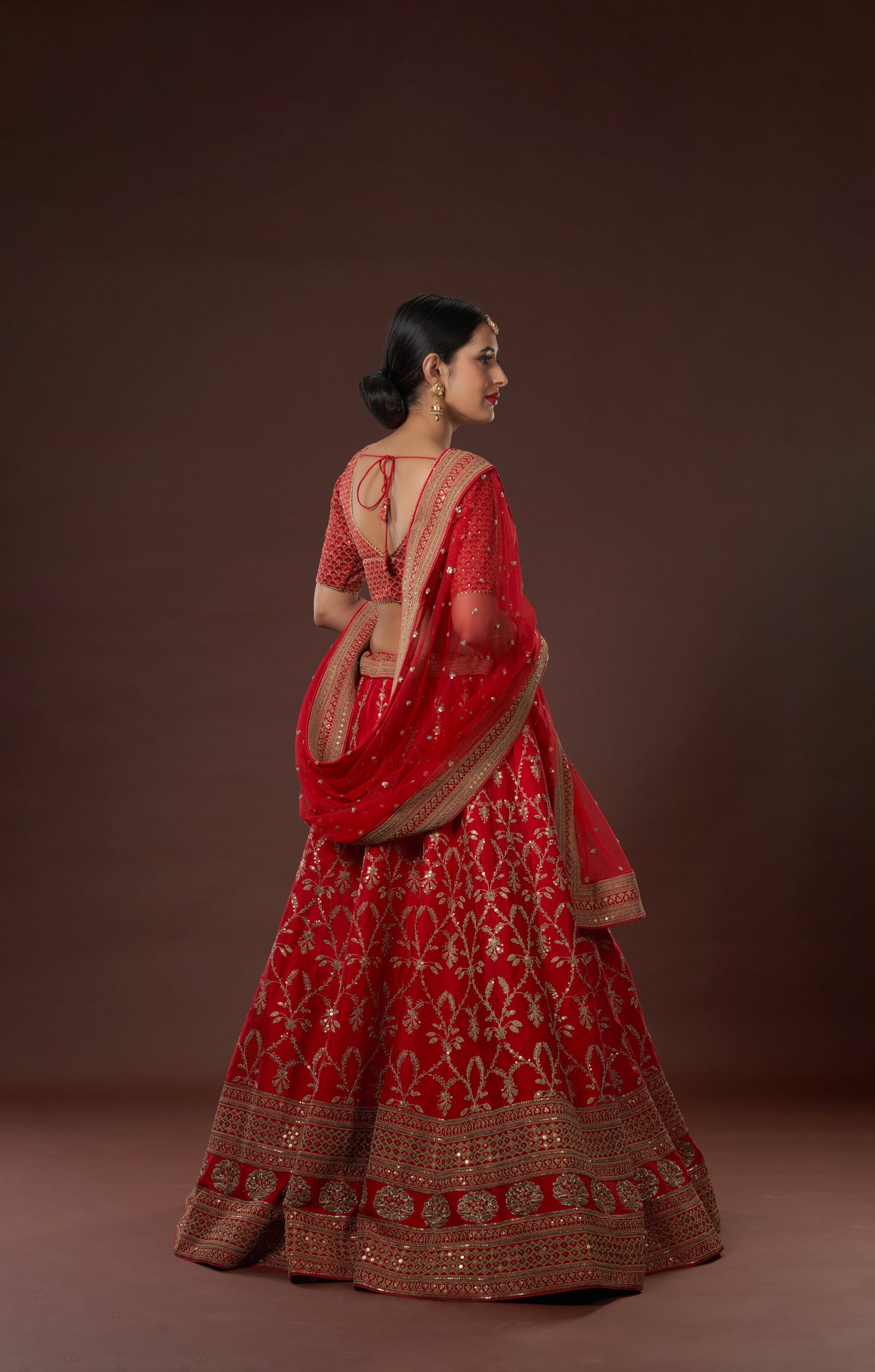 Red Bridal Hand Crafted Lehenga In Vegan Raw Silk