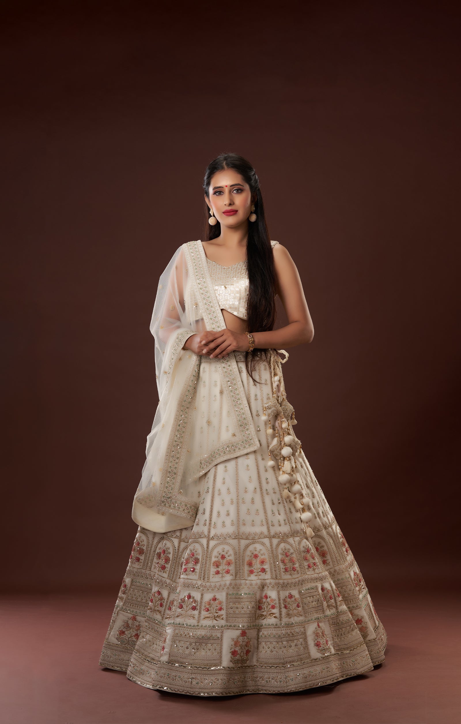 Ivory Bridal Hand Crafted Lehenga In Vegan Raw Silk