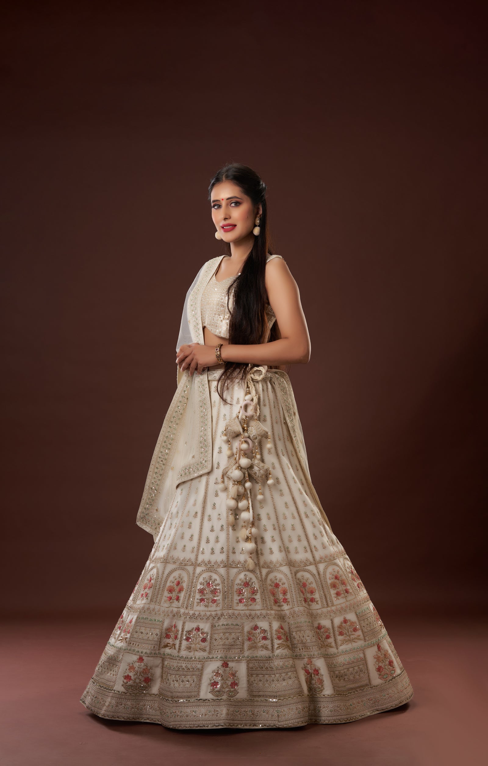 Ivory Bridal Hand Crafted Lehenga In Vegan Raw Silk