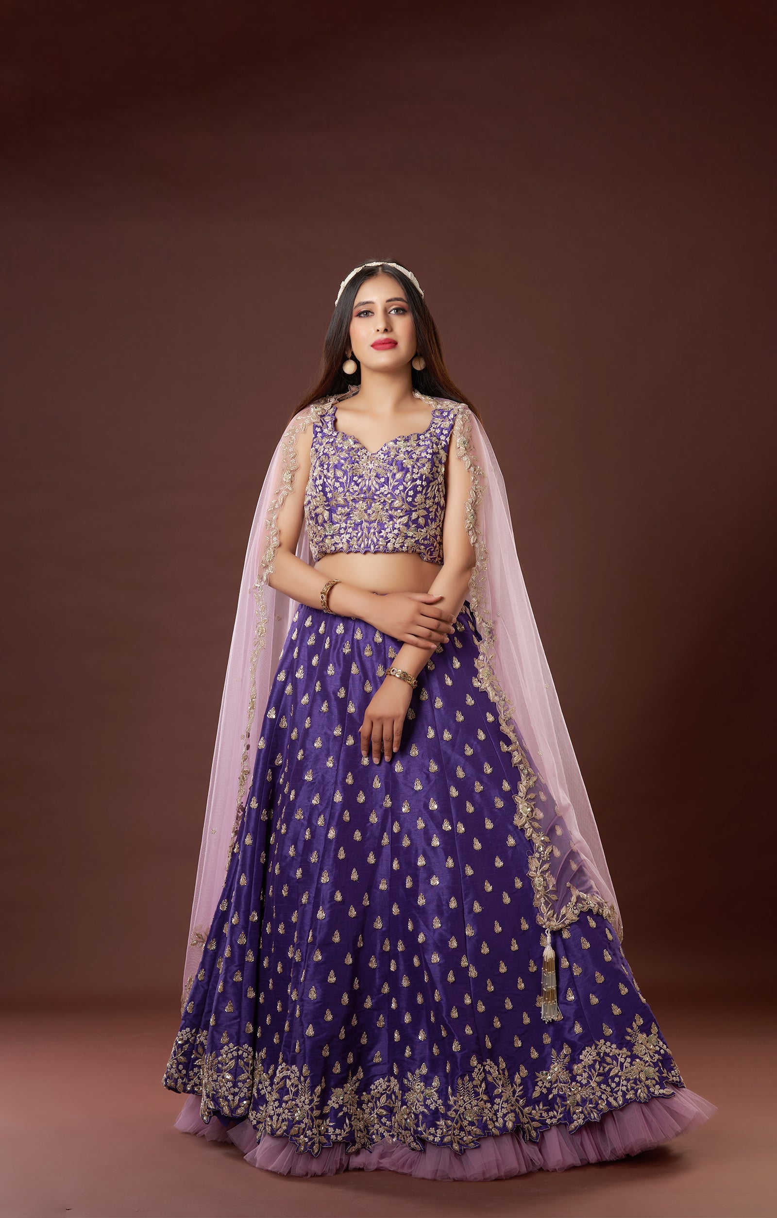 Plum Bridal Hand Crafdted Zardosi Lehenga In Vegan Raw Silk