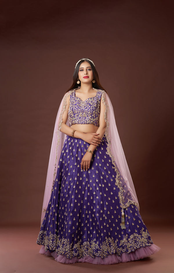 Plum Bridal Hand Crafdted Zardosi Lehenga In Vegan Raw Silk