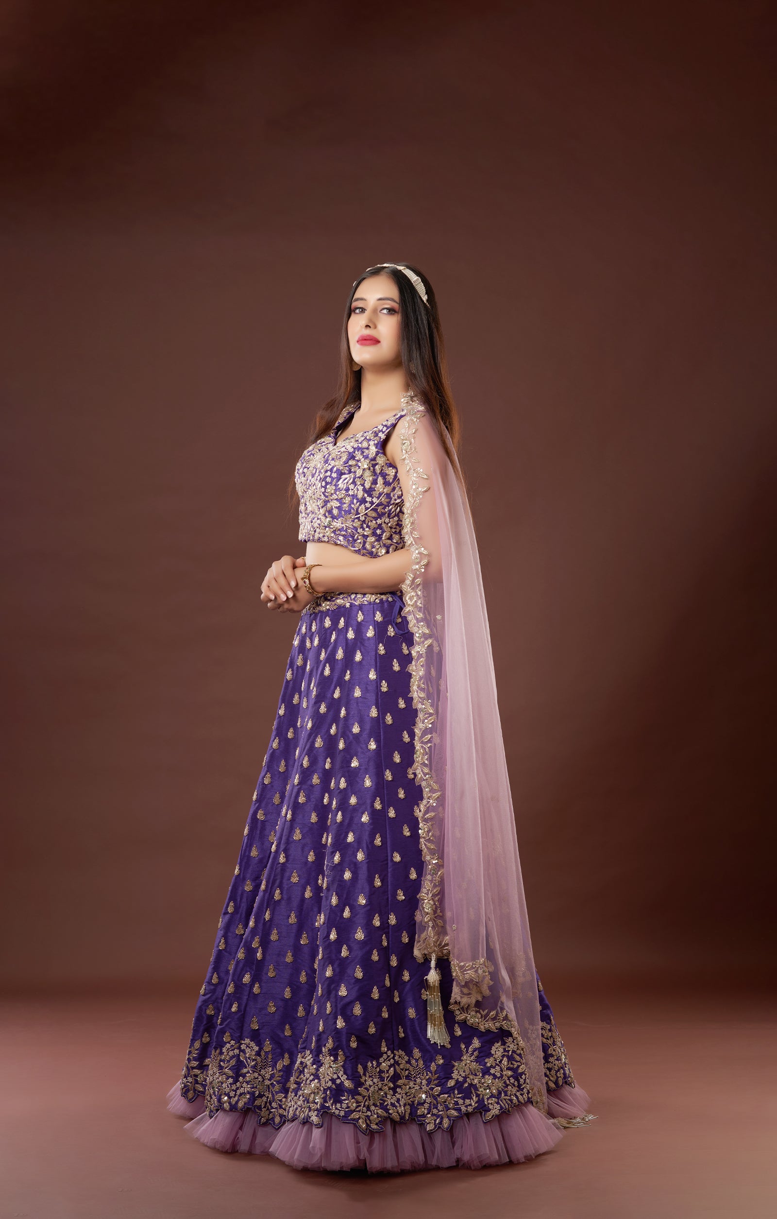 Plum Bridal Hand Crafdted Zardosi Lehenga In Vegan Raw Silk