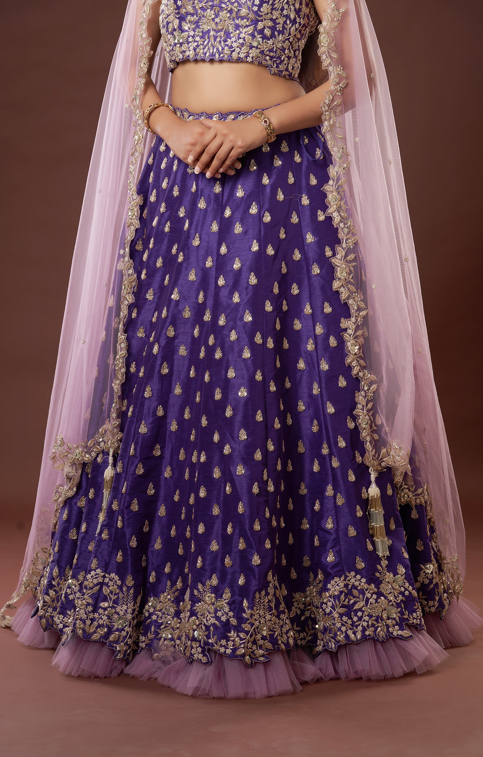 Plum Bridal Hand Crafdted Zardosi Lehenga In Vegan Raw Silk