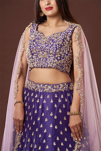 Plum Bridal Hand Crafdted Zardosi Lehenga In Vegan Raw Silk