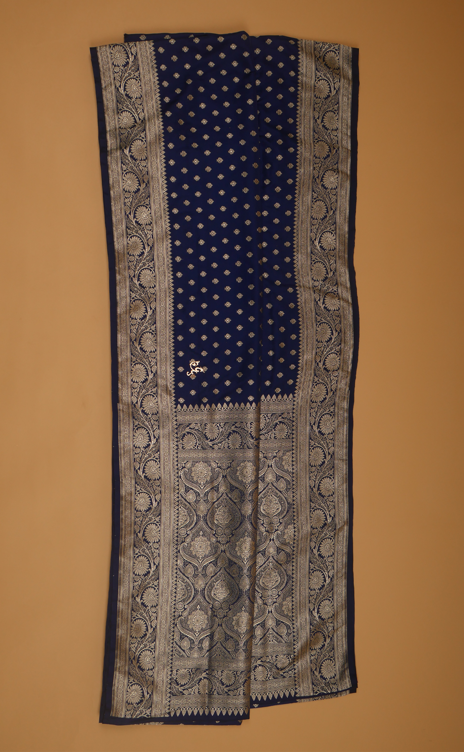 NAVY BLUE KALAMKARI BUTI VEGAN SATIN BANARASI