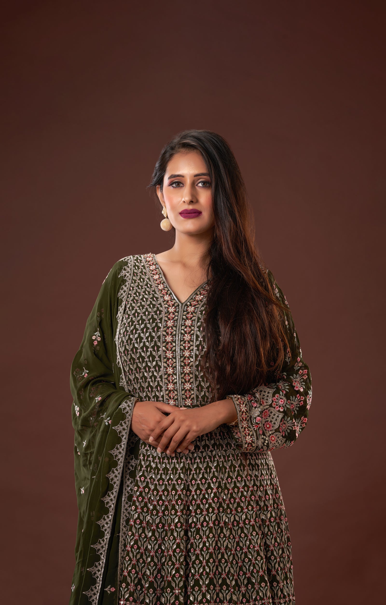 Mehendi Green Anarkali Dress In Vegan Georgette