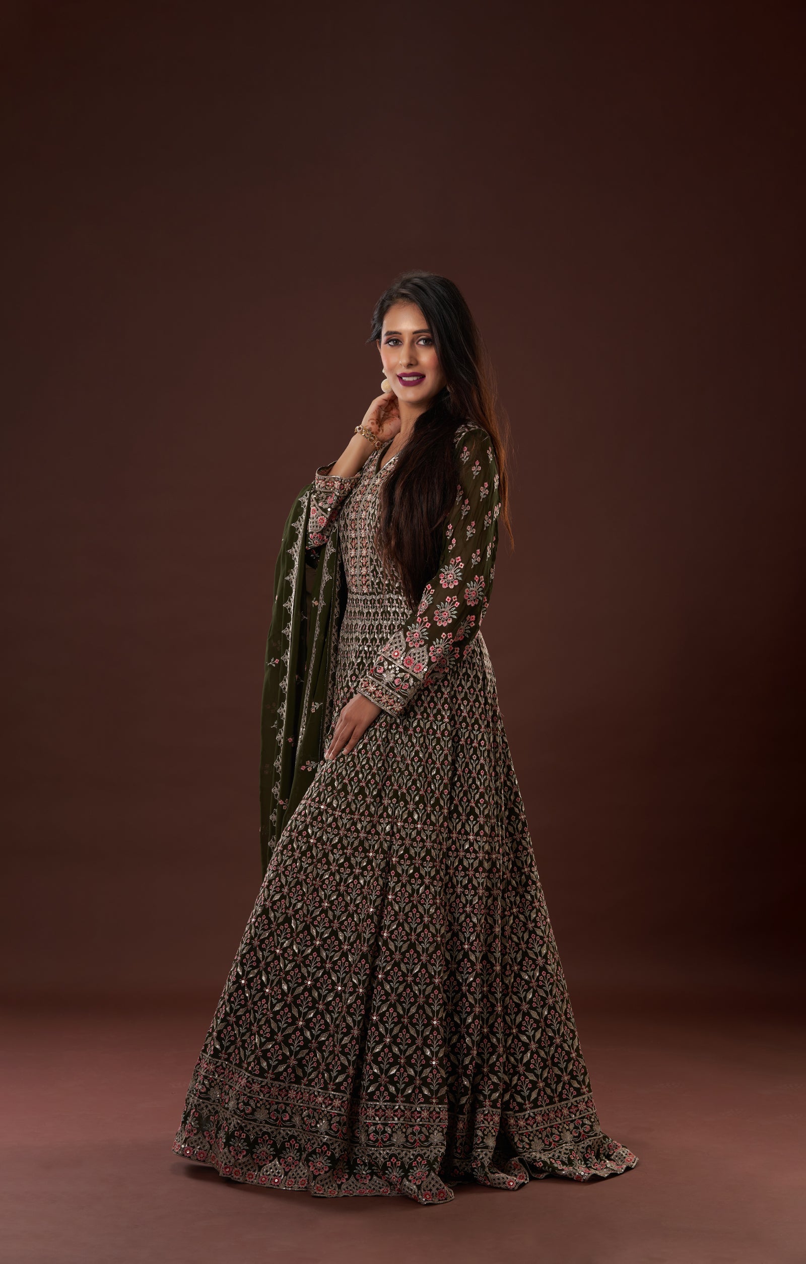 Mehendi Green Anarkali Dress In Vegan Georgette