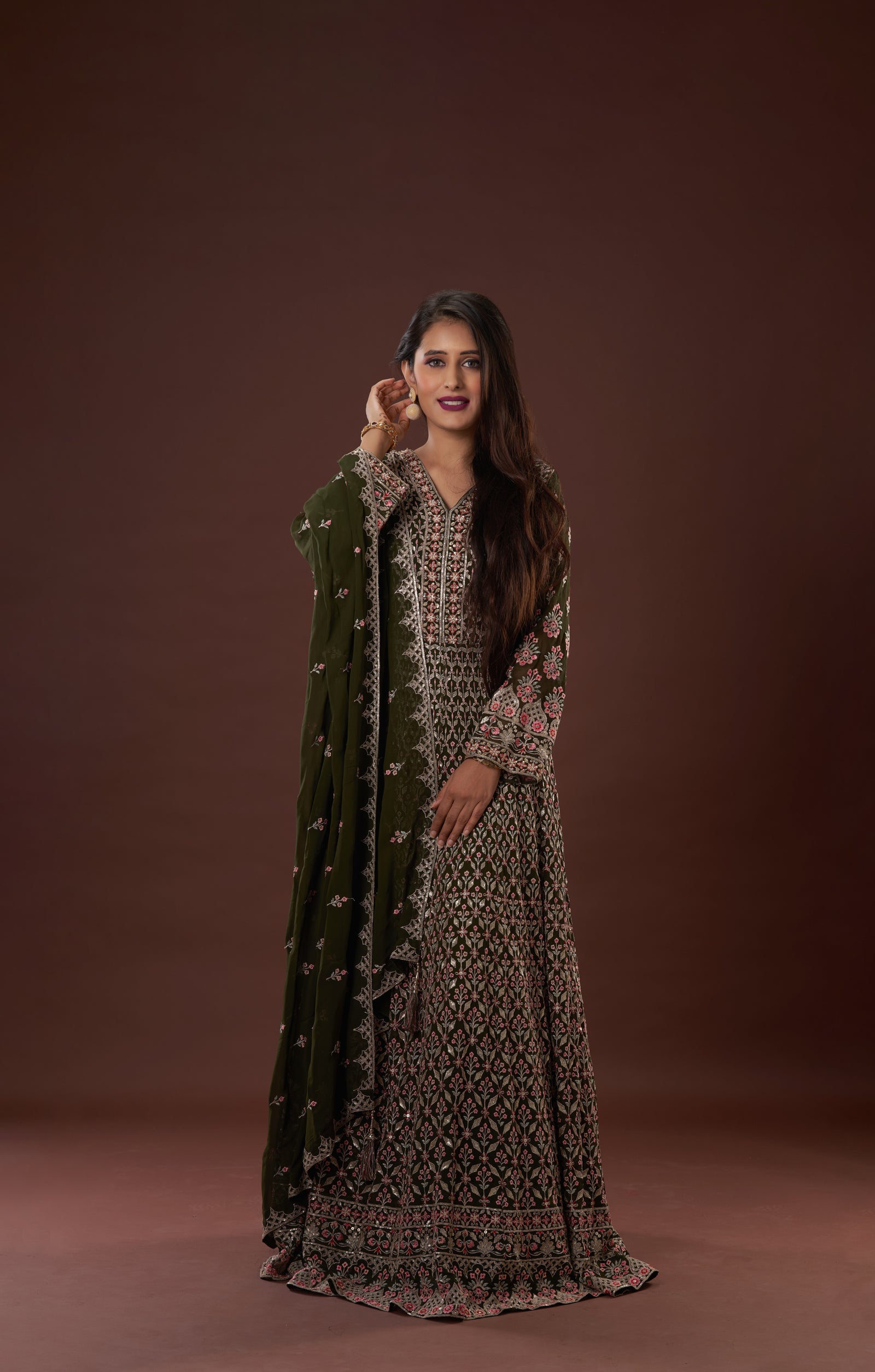 Mehendi Green Anarkali Dress In Vegan Georgette