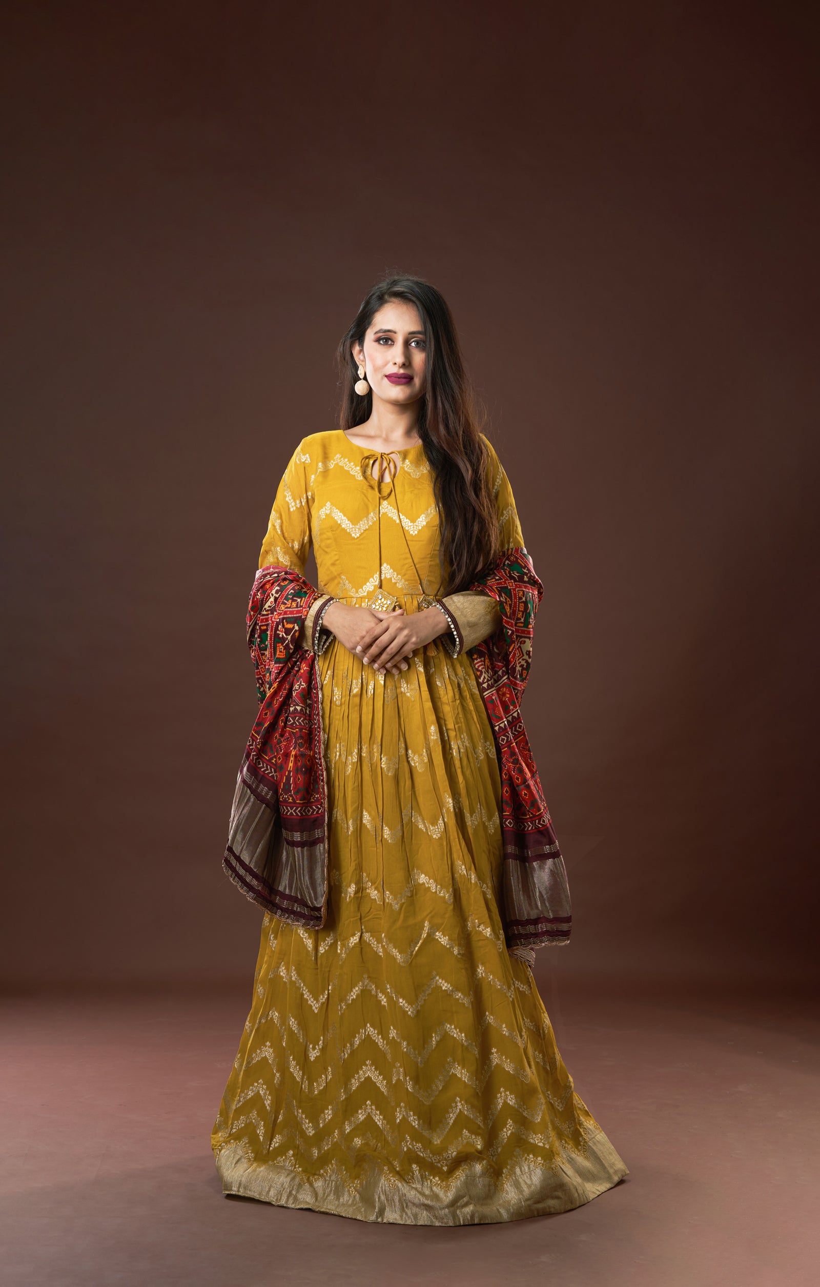 Mustard Anarkali Dress In Vegan Woven Muga Silk