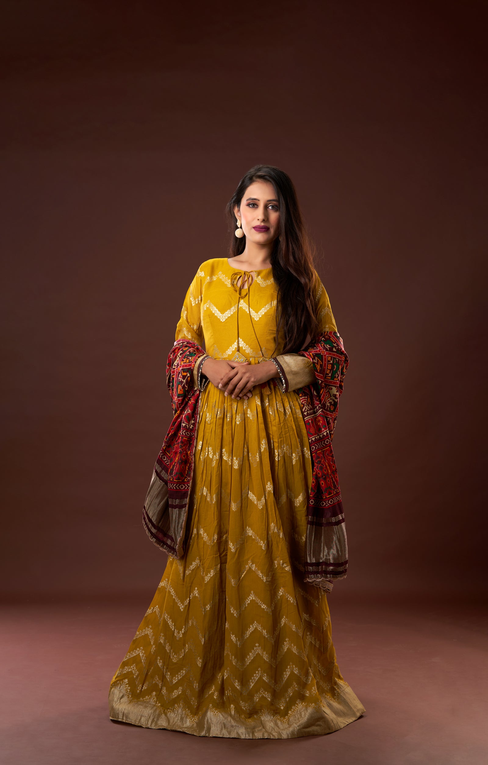 Mustard Anarkali Dress In Vegan Woven Muga Silk