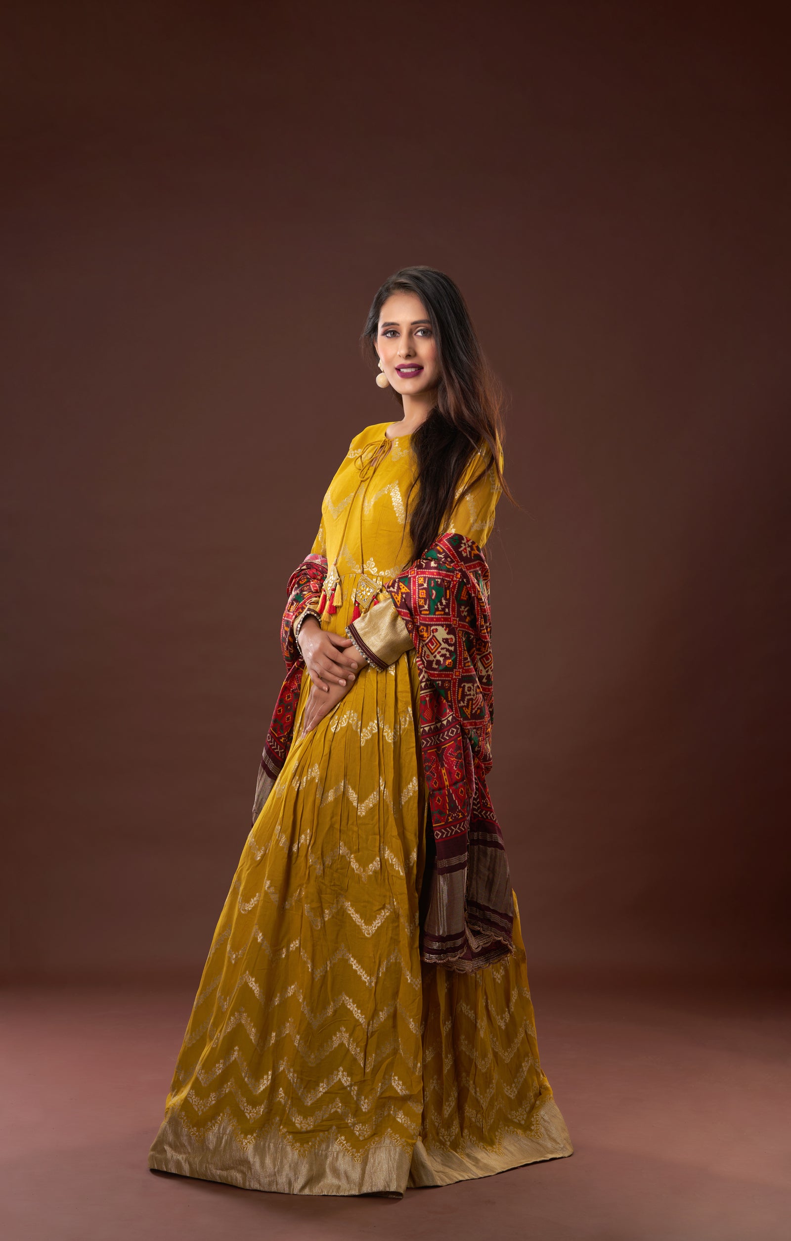 Mustard Anarkali Dress In Vegan Woven Muga Silk