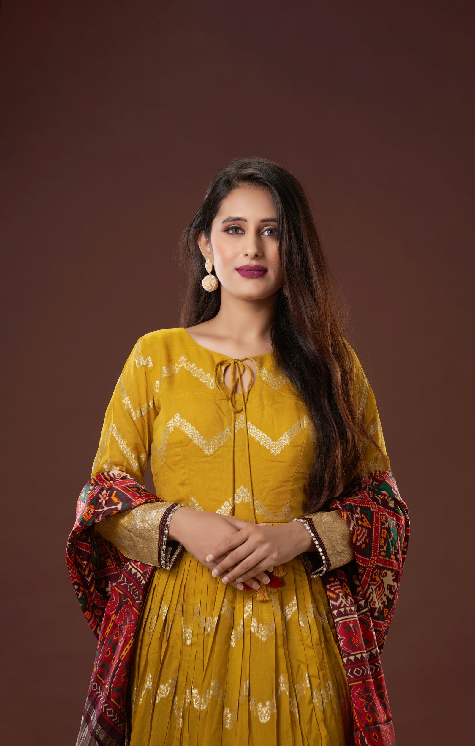 Mustard Anarkali Dress In Vegan Woven Muga Silk