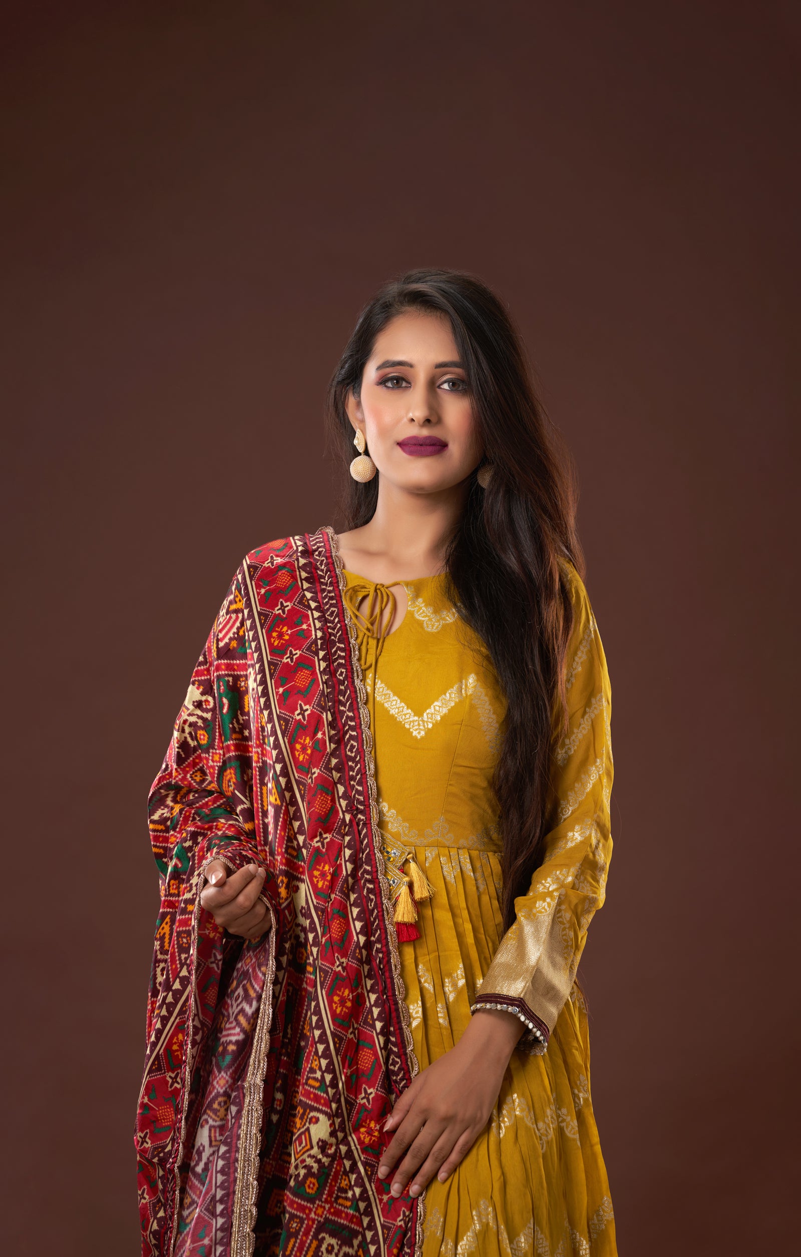 Mustard Anarkali Dress In Vegan Woven Muga Silk