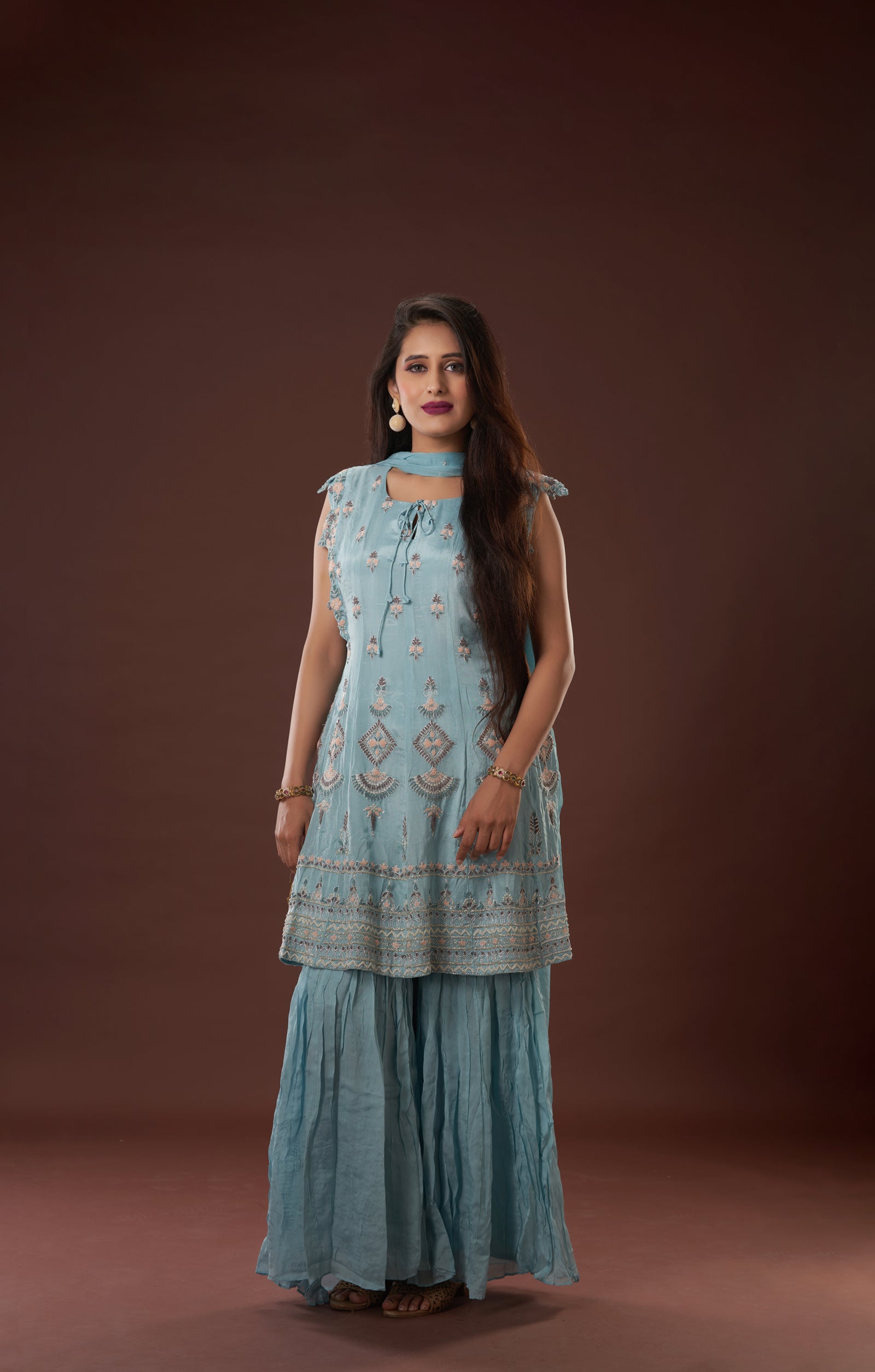 Dusty Blue Hand Crafted Short Anarkali In Vegan Crepe