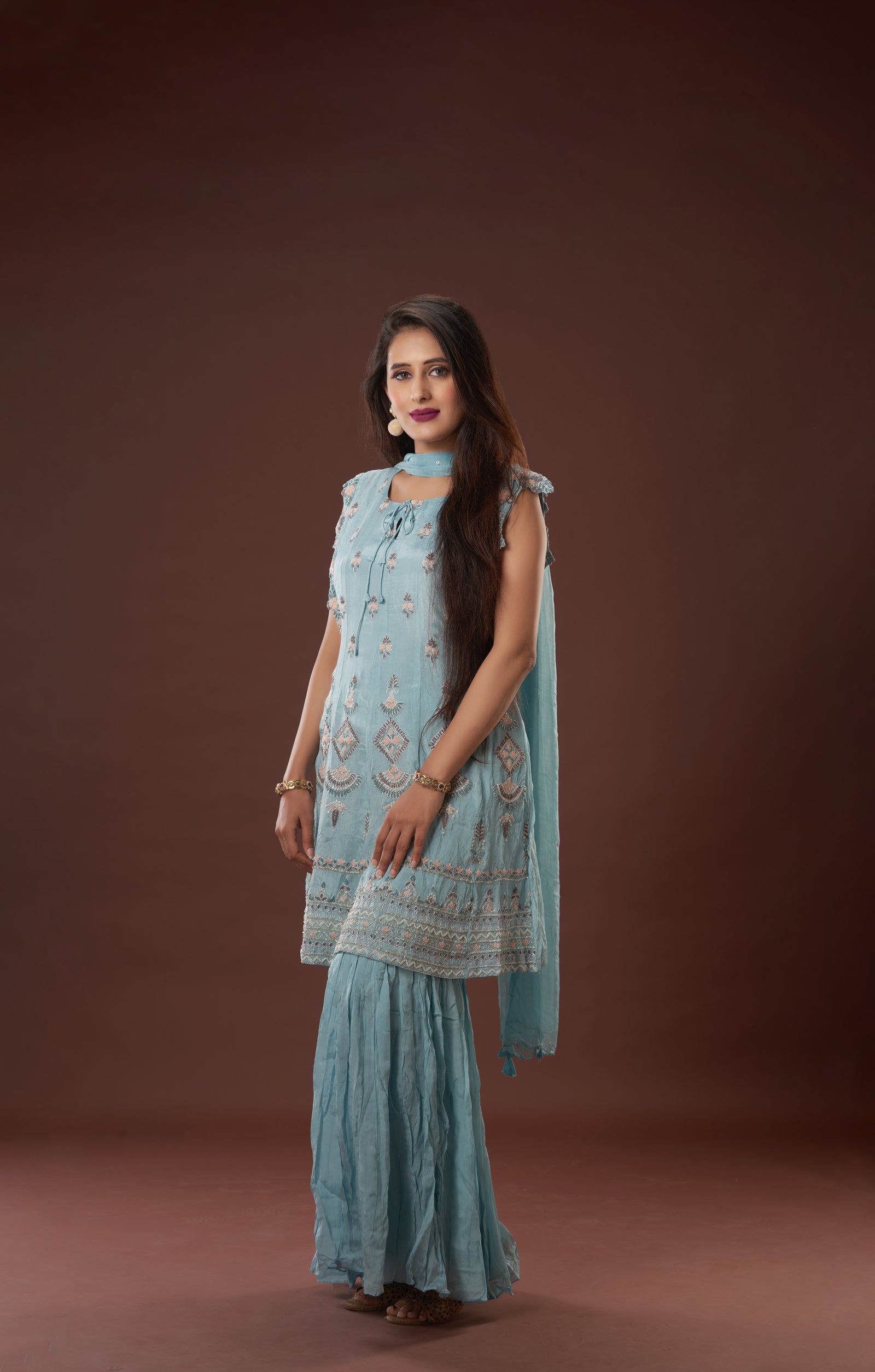 Dusty Blue Hand Crafted Short Anarkali In Vegan Crepe