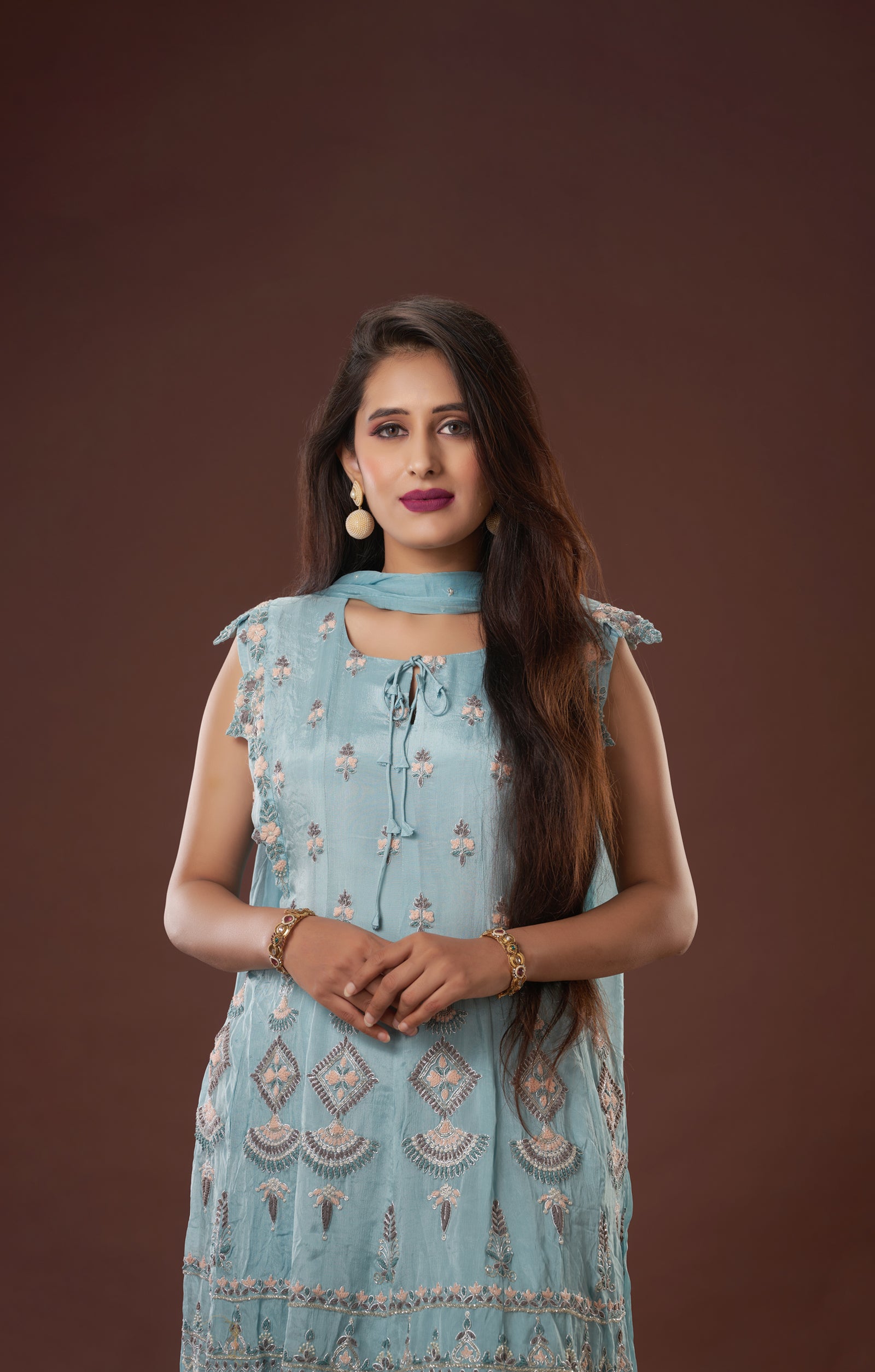 Dusty Blue Hand Crafted Short Anarkali In Vegan Crepe