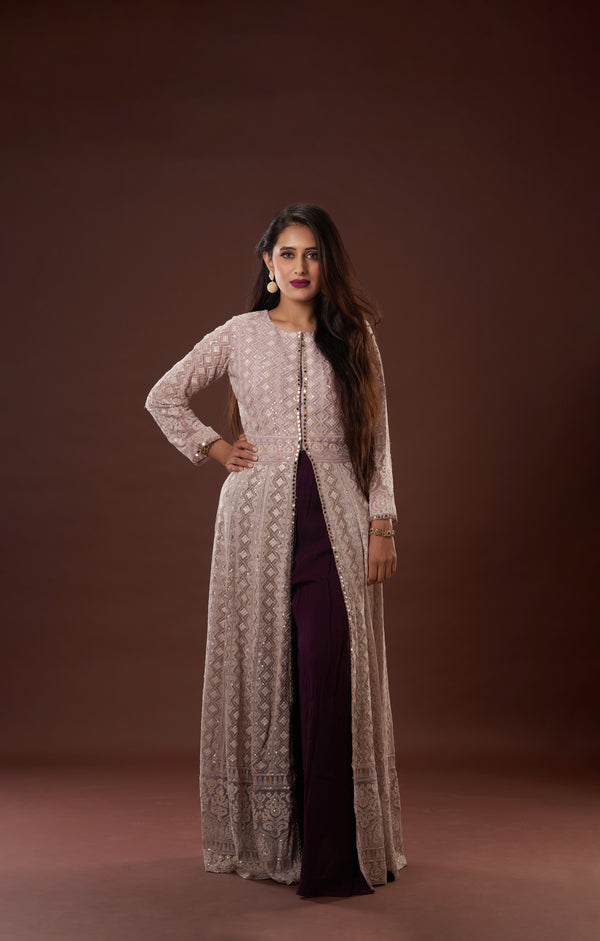 Lavender With Wine Lakhnavi Dress In Vegan Georgette