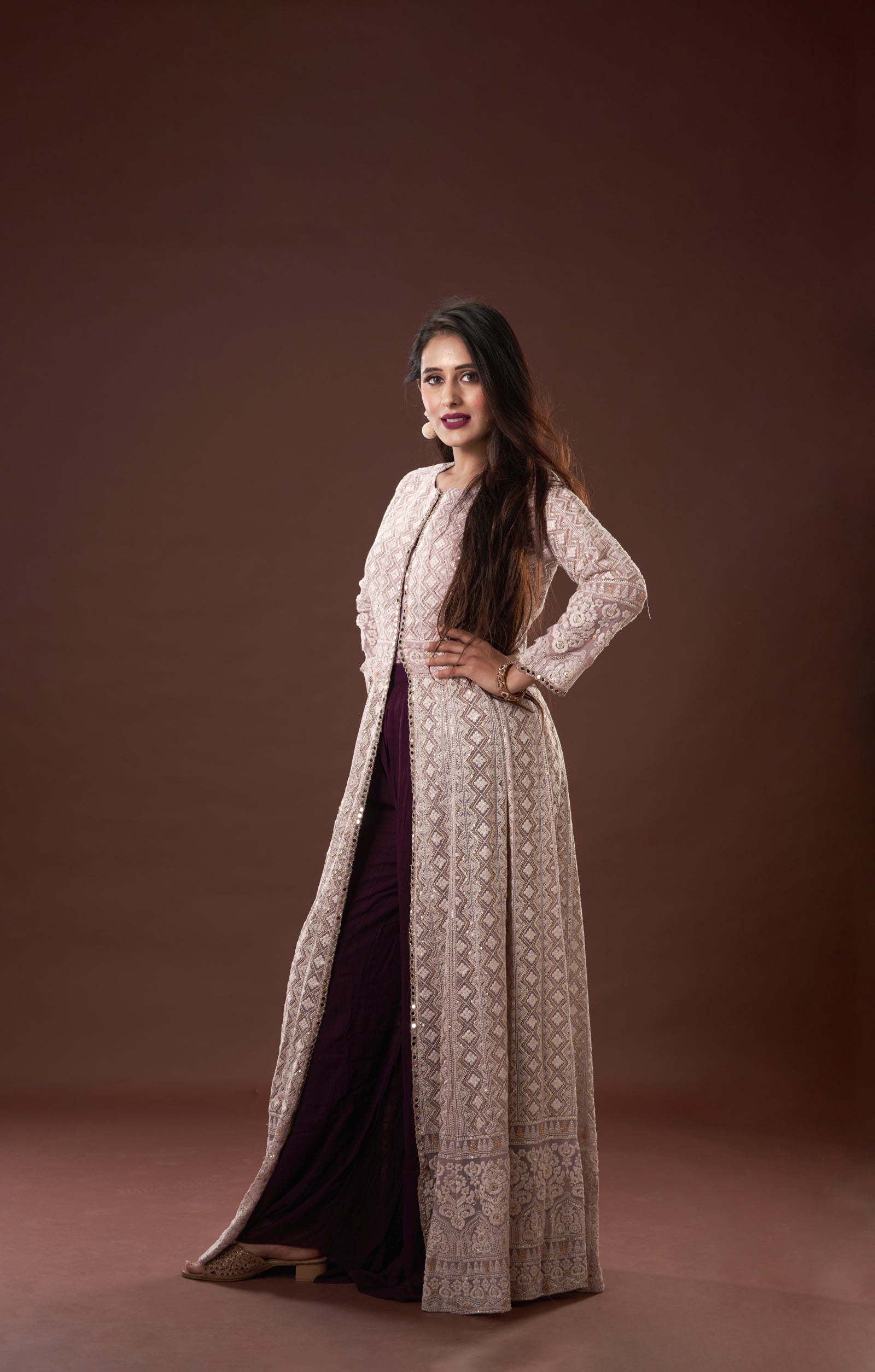 Lavender With Wine Lakhnavi Dress In Vegan Georgette