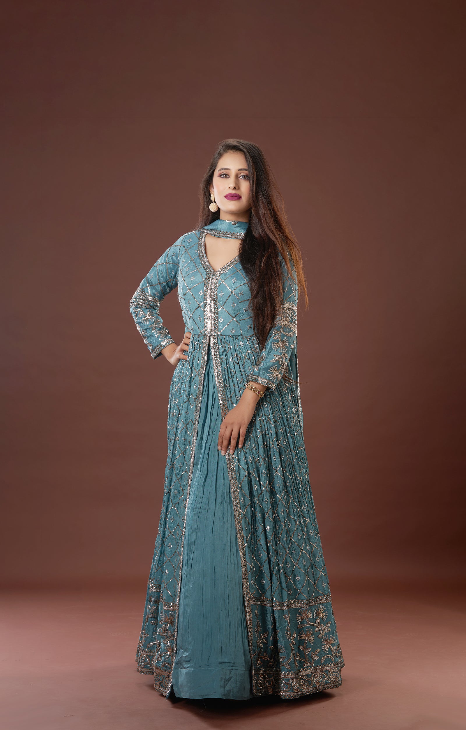 Dusty Blue Sequins Work Indo-Western In Vegan Crepe