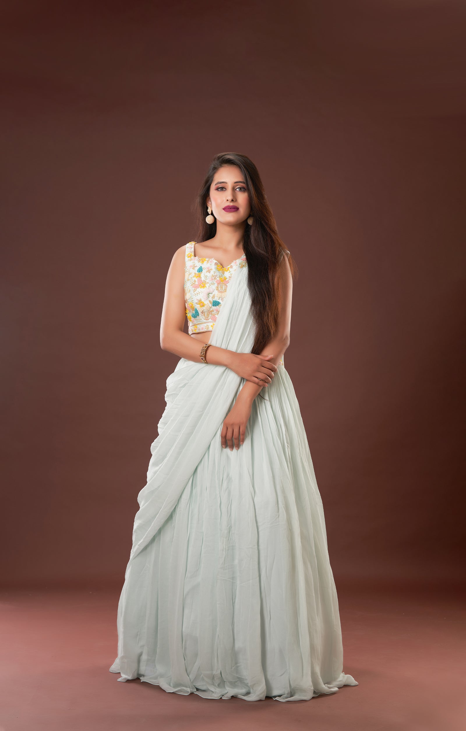 Ice Blue Saree Style Indo-Western In Vegan Georgette With Hand Embroidered Top