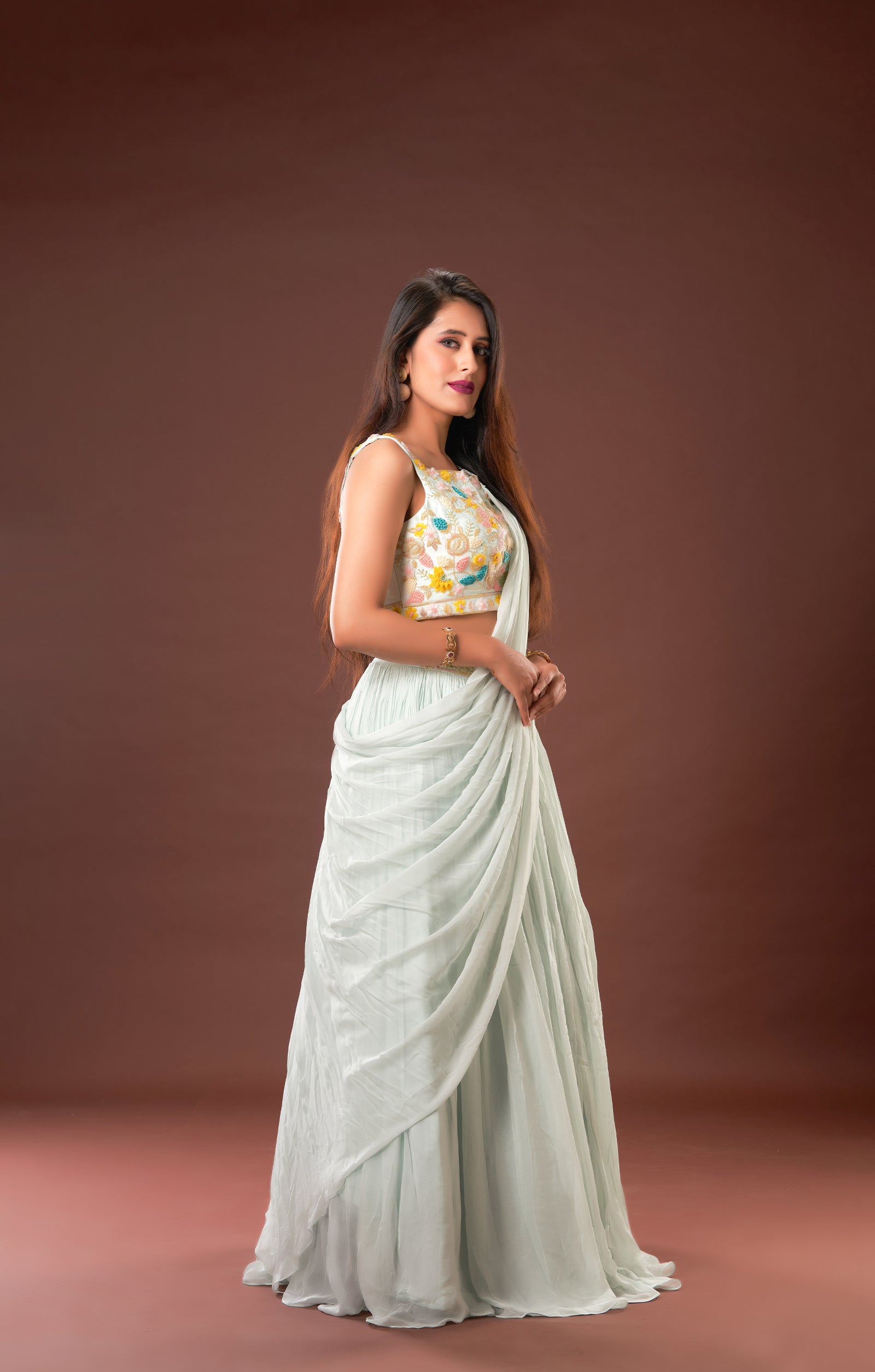 Ice Blue Saree Style Indo-Western In Vegan Georgette With Hand Embroidered Top