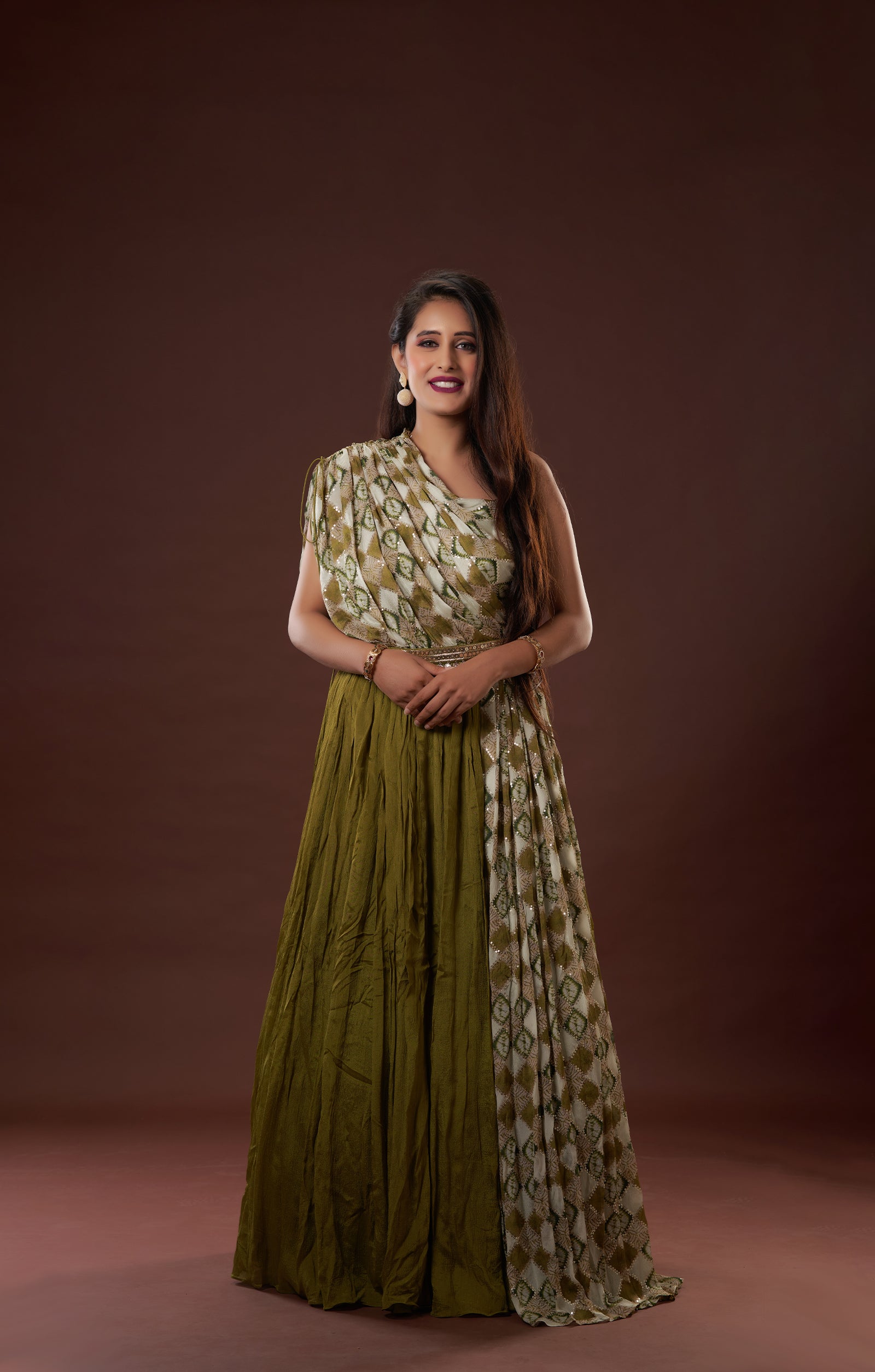 Mehendi Green Indo-Western Gown In Vegan Crepe