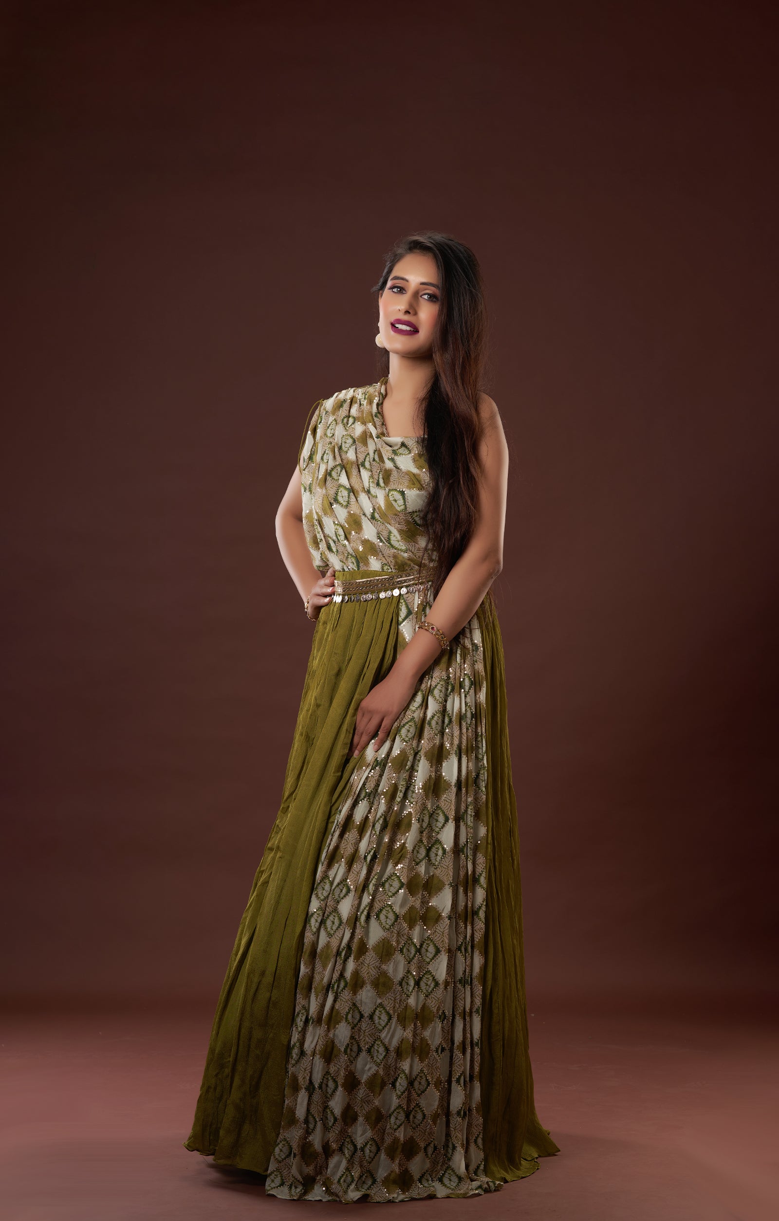 Mehendi Green Indo-Western Gown In Vegan Crepe