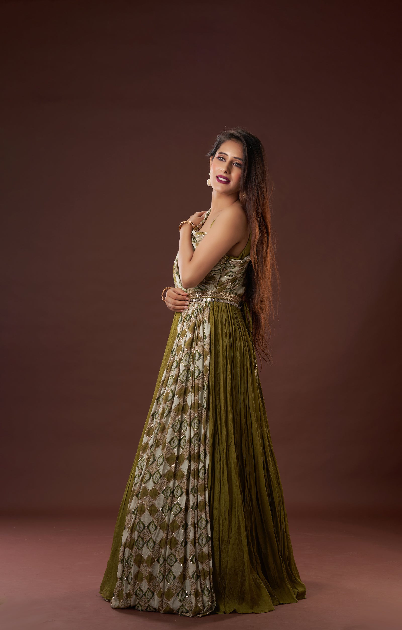 Mehendi Green Indo-Western Gown In Vegan Crepe