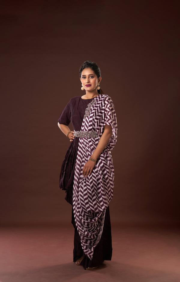 Wine Printed Indo-Western Gown With Fusion Of Vegan Raw Silk And Organza