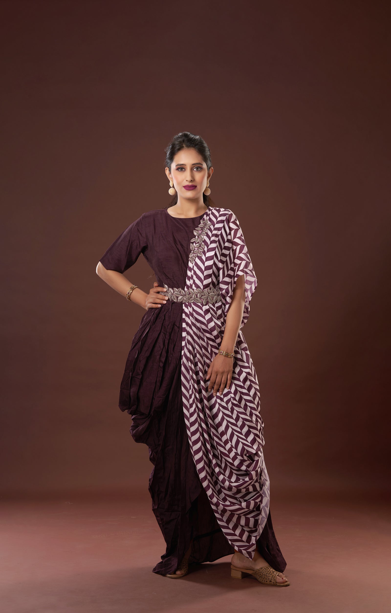 Wine Printed Indo-Western Gown With Fusion Of Vegan Raw Silk And Organza