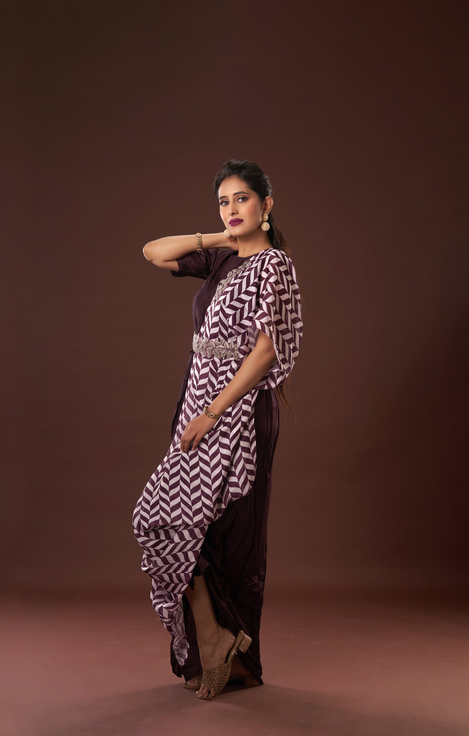 Wine Printed Indo-Western Gown With Fusion Of Vegan Raw Silk And Organza