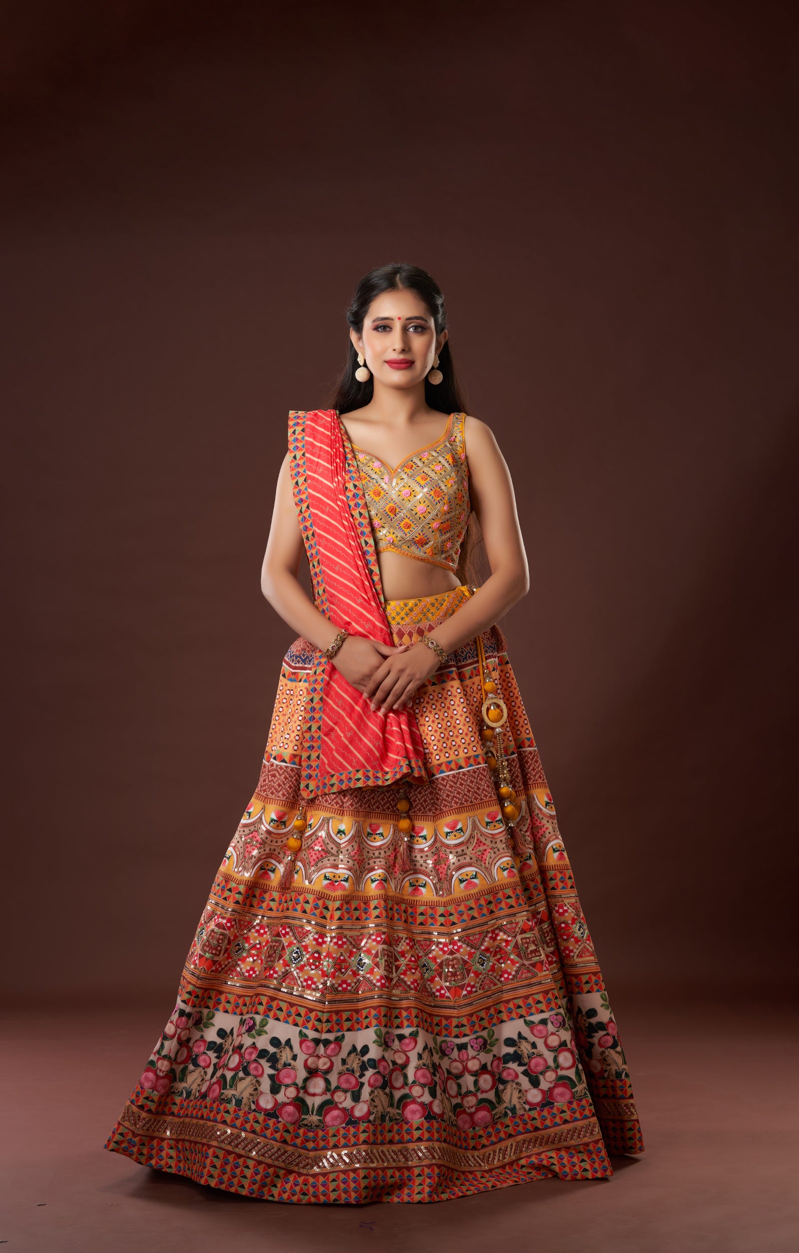 Mustard Digital Print Lehenga With Leheriya Dupatta