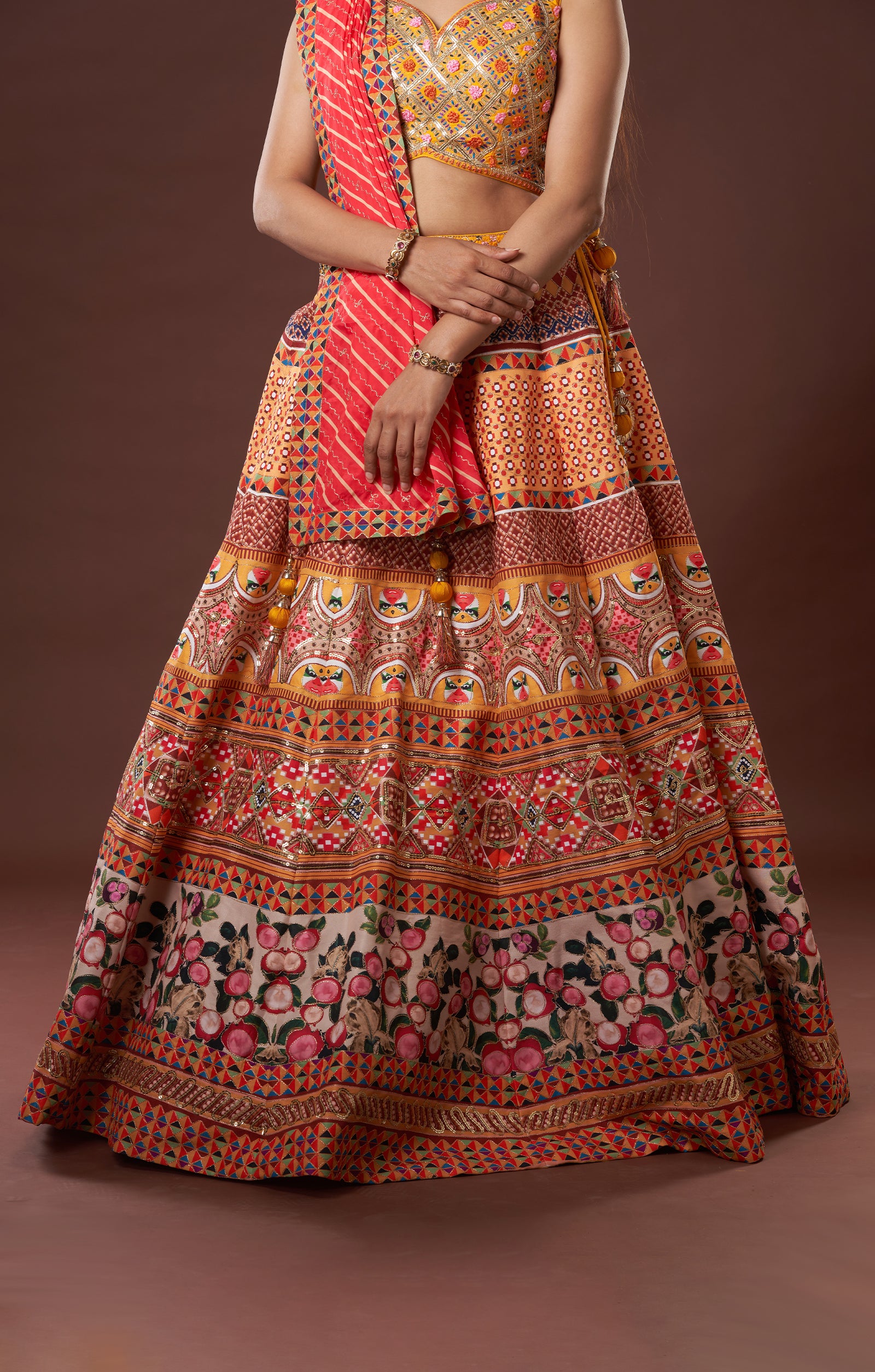 Mustard Digital Print Lehenga With Leheriya Dupatta