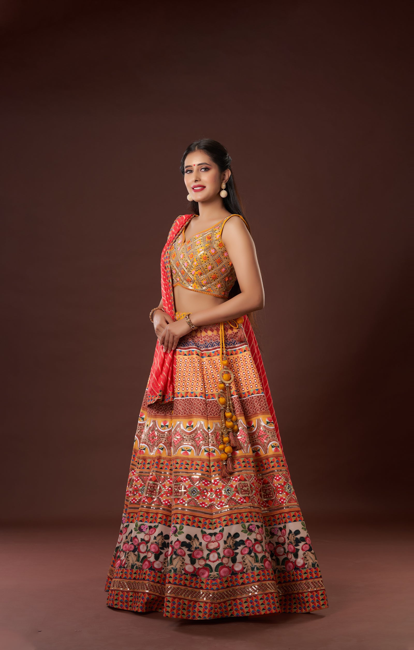 Mustard Digital Print Lehenga With Leheriya Dupatta