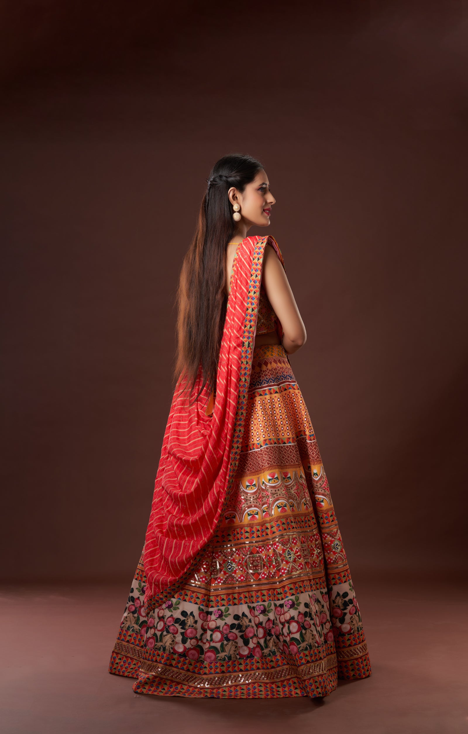 Mustard Digital Print Lehenga With Leheriya Dupatta