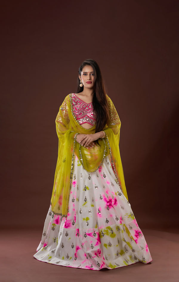 Tie & Dye Lehenga In Vegan Raw Silk With Hand Crafted Mirror Work