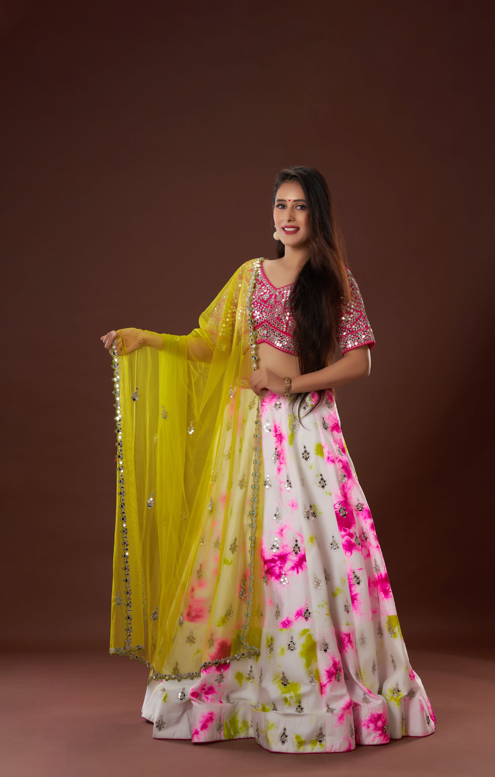 Tie & Dye Lehenga In Vegan Raw Silk With Hand Crafted Mirror Work