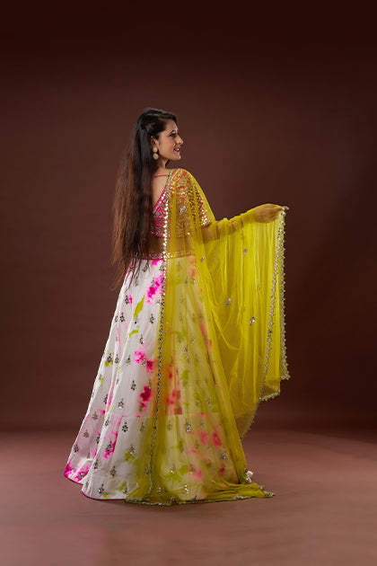 Tie & Dye Lehenga In Vegan Raw Silk With Hand Crafted Mirror Work