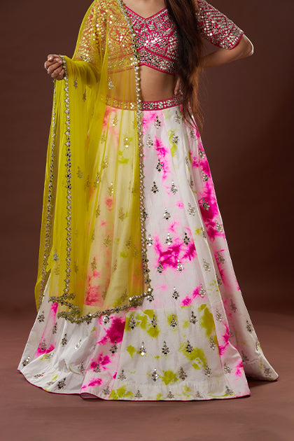 Tie & Dye Lehenga In Vegan Raw Silk With Hand Crafted Mirror Work