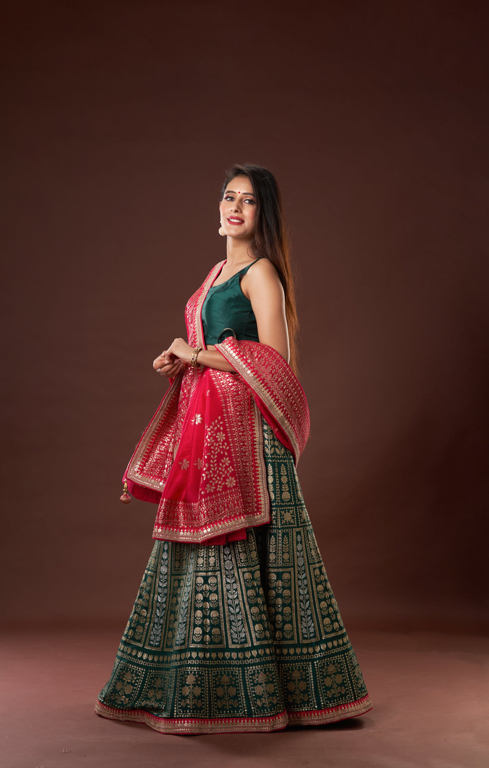 Bottle Green Gota Patti Woven Lehenga In Vegan Muga Silk