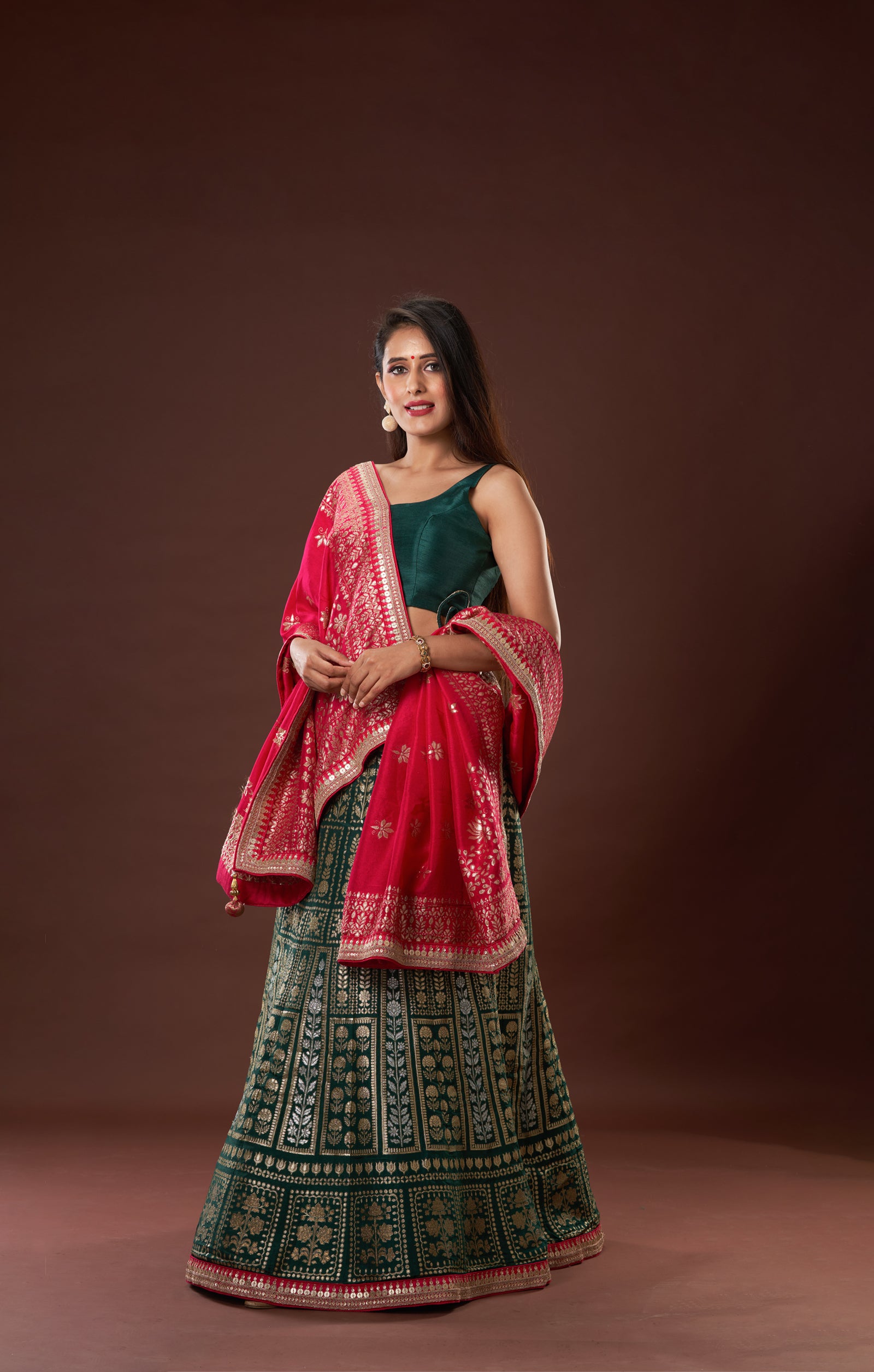 Bottle Green Gota Patti Woven Lehenga In Vegan Muga Silk